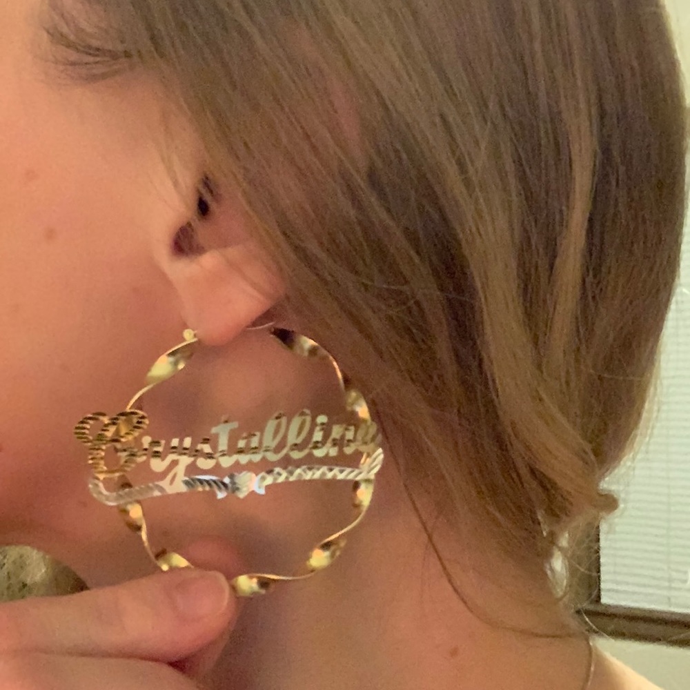Tres Colori 18 Karat Gold Plated Nameplate Hoop Earrings: Crystal - Picture 9 of 13